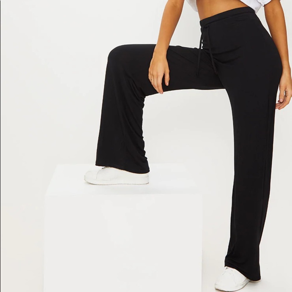 PLT black drawstring jersey wide leg jogger